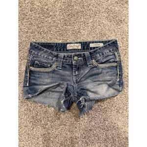 Daytrip Shorts Womens 26 Blue Capricorn Denim Cutoff Frayed Hem Embellished